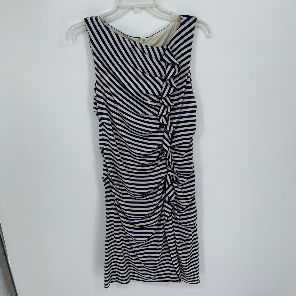 Suzi Chin Women's Navy Striped Ruffle‎ Ruched Sleeveless Sheath Dress Size 8
